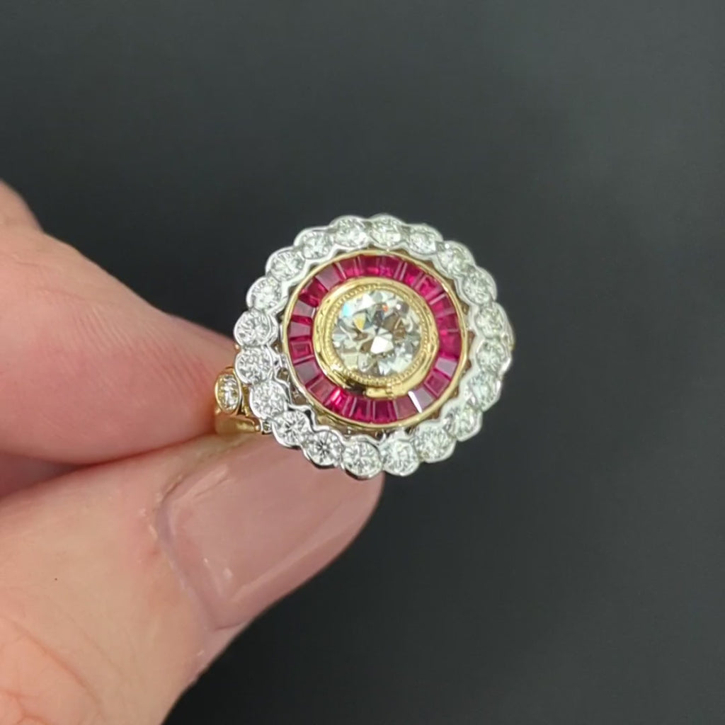 DIAMOND RUBY COCKTAIL RING DOUBLE SCALLOPED HALO TARGET 14k YELLOW GOLD NATURAL