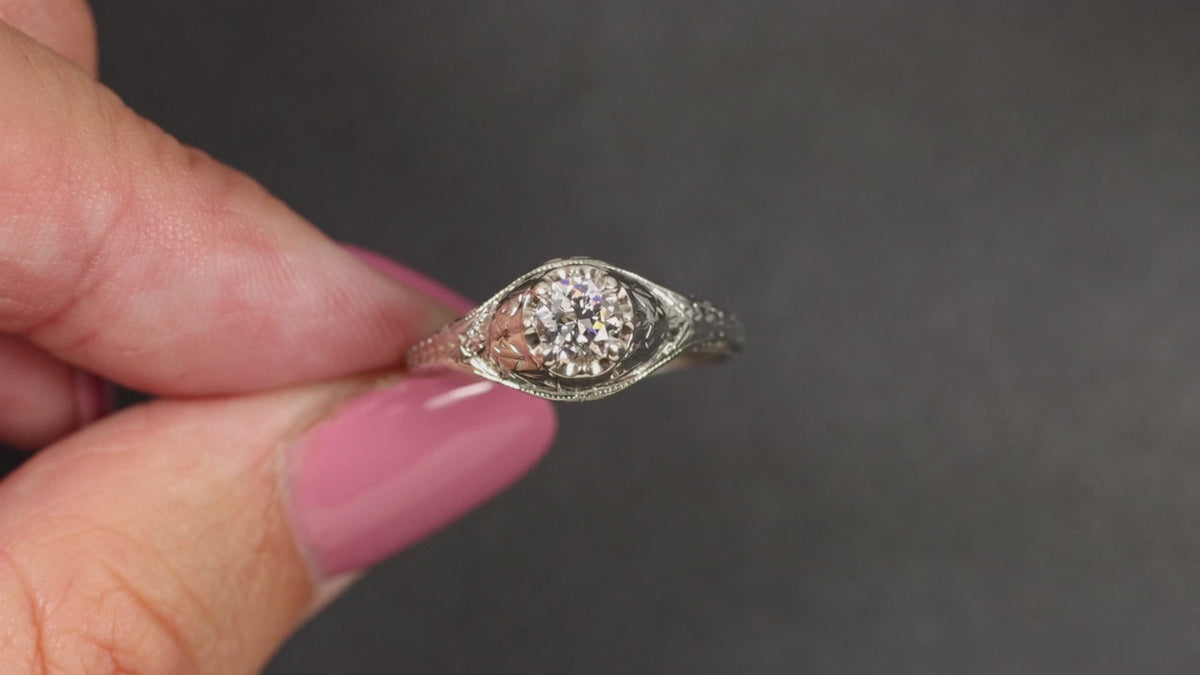 0.40ct VINTAGE DIAMOND ENGAGEMENT RING OLD EUROPEAN CUT FILIGREE 18k WHITE GOLD