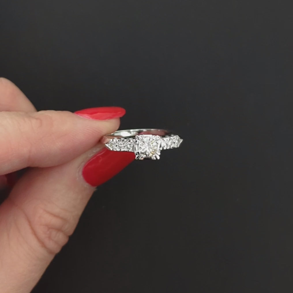 VINTAGE DIAMOND ENGAGEMENT RING ROUND CUT 14k WHITE GOLD RETRO ESTATE CLASSIC