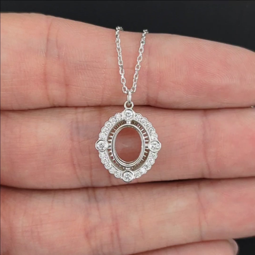 VINTAGE STYLE DIAMOND PENDANT SEMI MOUNT SETTING SCALLOPED HALO OVAL NECKLACE