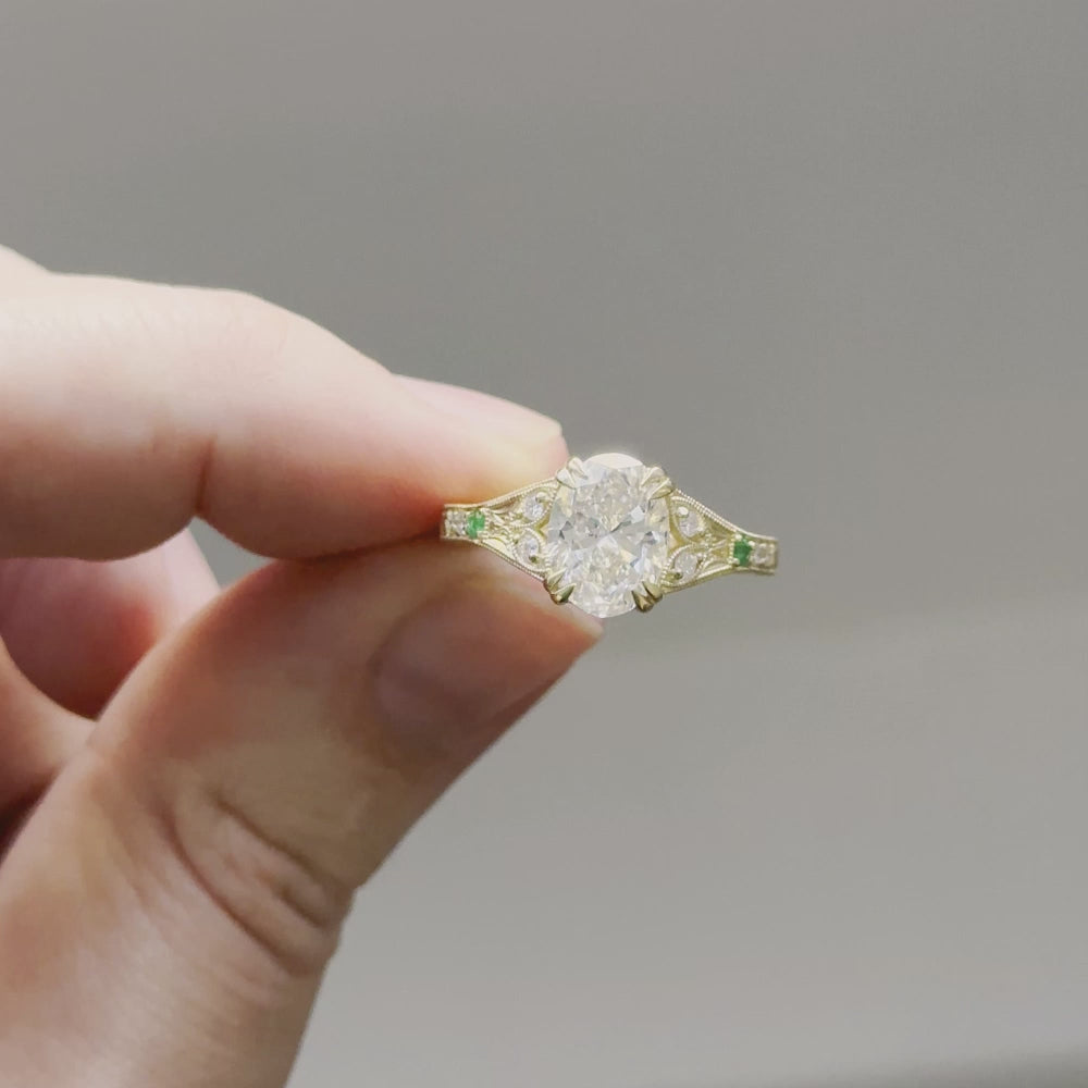 2ct VINTAGE STYLE LAB CREATED DIAMOND RING CERTIFIED OVAL FLORAL EMERALD GOLD