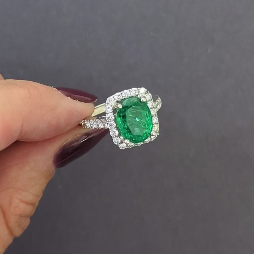 3ct GIA CERTIFIED EMERALD DIAMOND COCKTAIL RING 18K WHITE GOLD HALO OVAL CUSHION