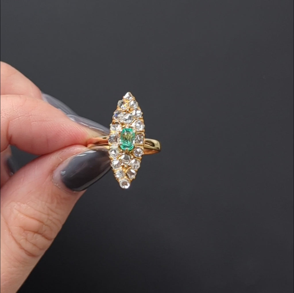 ANTIQUE NAVETTE RING EMERALD DIAMOND VICTORIAN 18k YELLOW GOLD COCKTAIL NATURAL