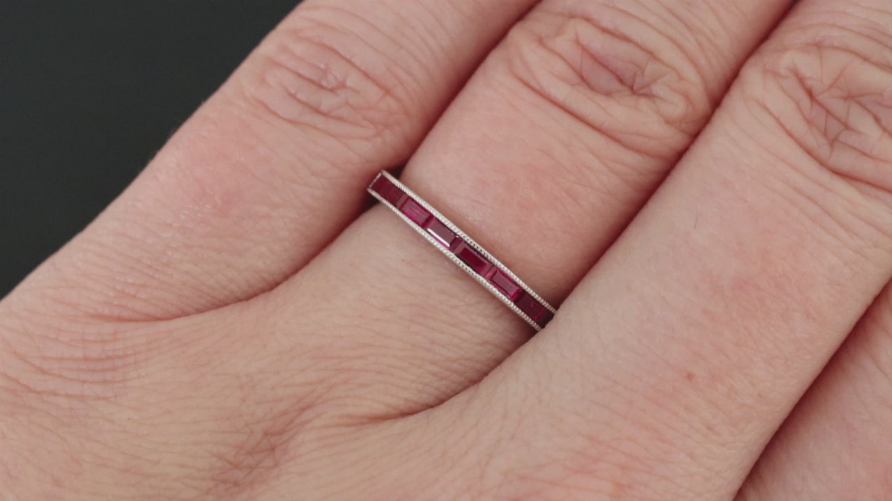 NATURAL RUBY HALF ETERNITY BAND WHITE GOLD RING VINTAGE STYLE CHANNEL MILGRAIN