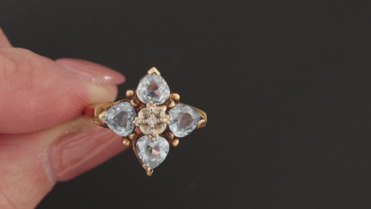 AQUAMARINE DIAMOND VINTAGE COCKTAIL RING 10k YELLOW GOLD NATURAL FLORAL HEART