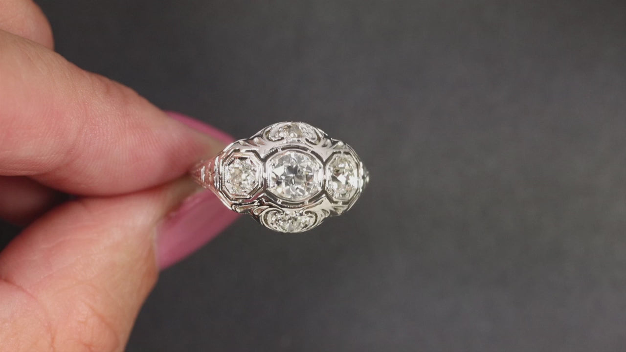 1.12ct ART DECO DIAMOND ENGAGEMENT RING OLD EUROPEAN CUT 18k WHITE GOLD VINTAGE