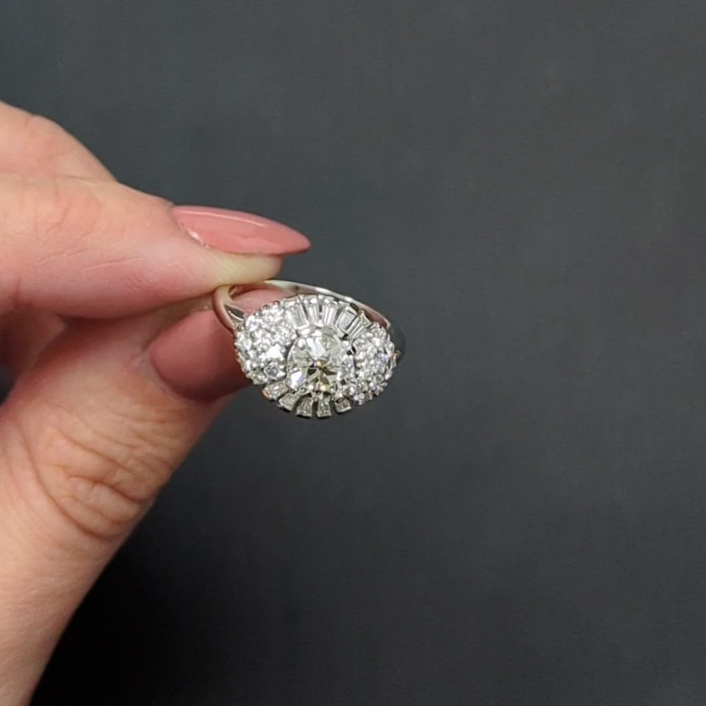 VINTAGE DIAMOND COCKTAIL RING OLD EUROPEAN CUT PLATINUM CLUSTER DOME RETRO 2ct