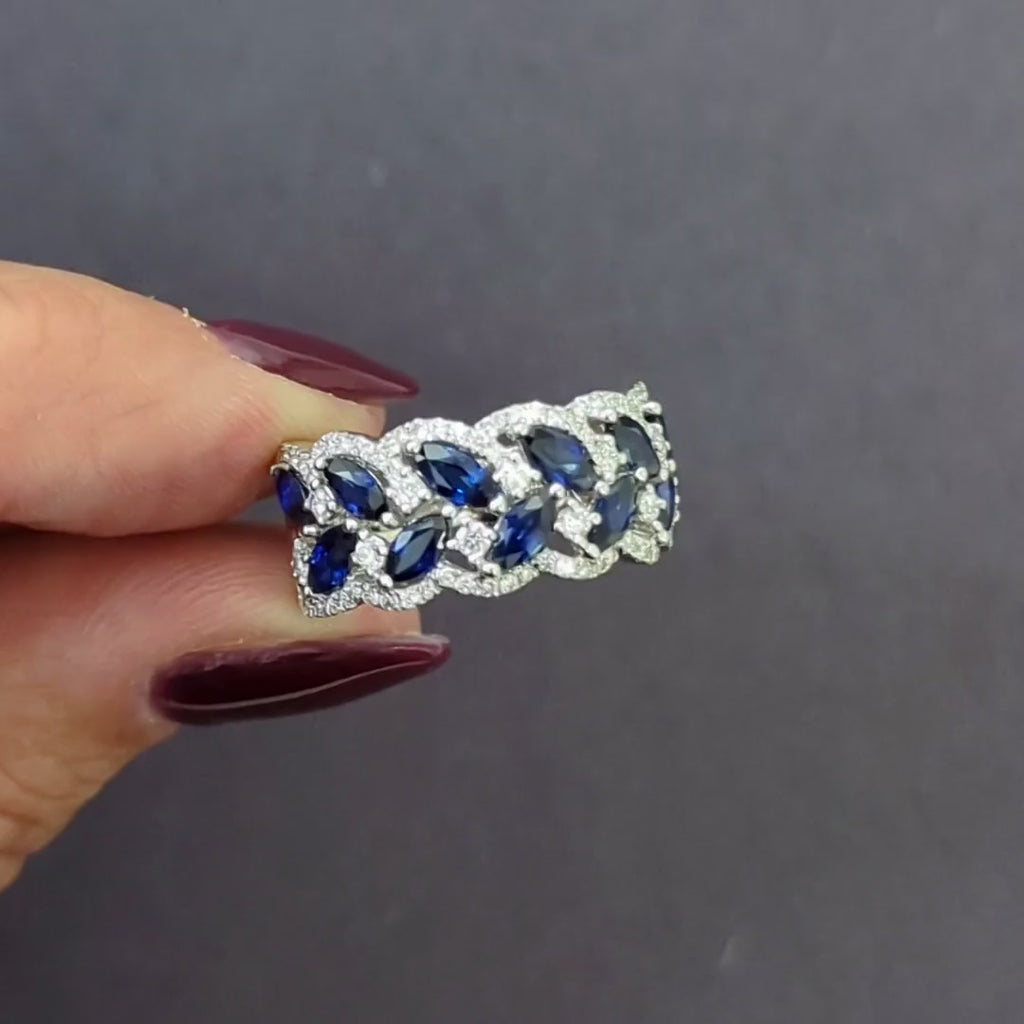 2.61ct SAPPHIRE DIAMOND COCKTAIL RING 18k WHITE GOLD G VS WIDE BAND HERRINGBONE