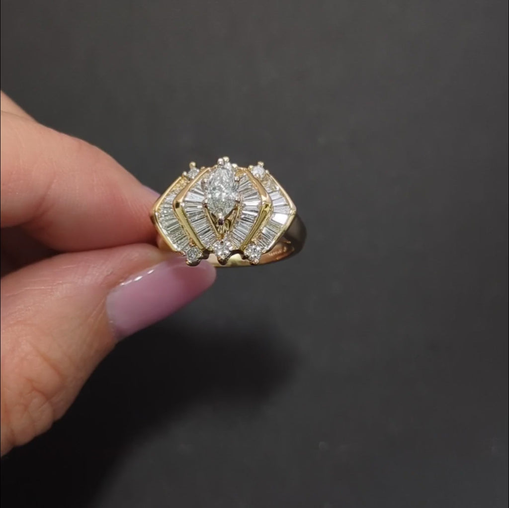 1.85ct DIAMOND COCKTAIL RING BIG STATEMENT FAN HALO MARQUISE SHAPE YELLOW GOLD