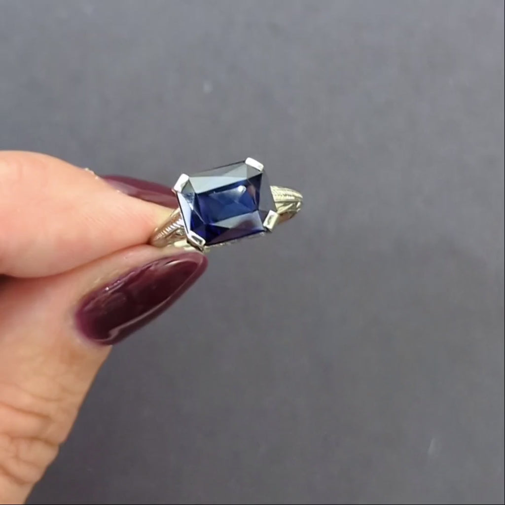 HAND ENGRAVED VINTAGE STYLE LAB SAPPHIRE RING 18k WHITE GOLD EAST WEST SOLITAIRE