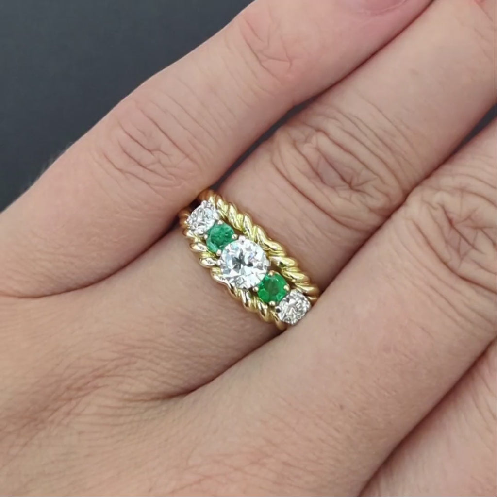 1.40ct VINTAGE DIAMOND EMERALD COCKTAIL RING 18k YELLOW GOLD OLD CUT MID CENTURY