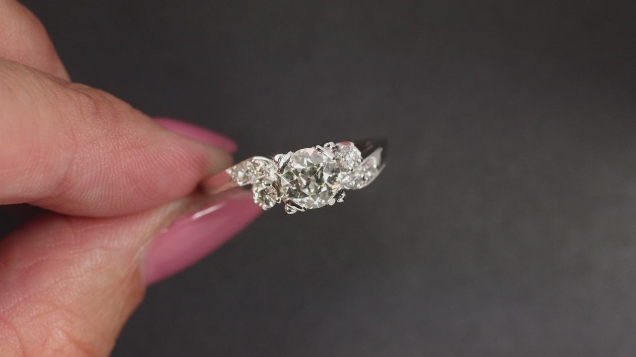 0.90ct OLD EUROPEAN CUT DIAMOND ENGAGEMENT RING H-I VS1 MID CENTURY WHITE GOLD
