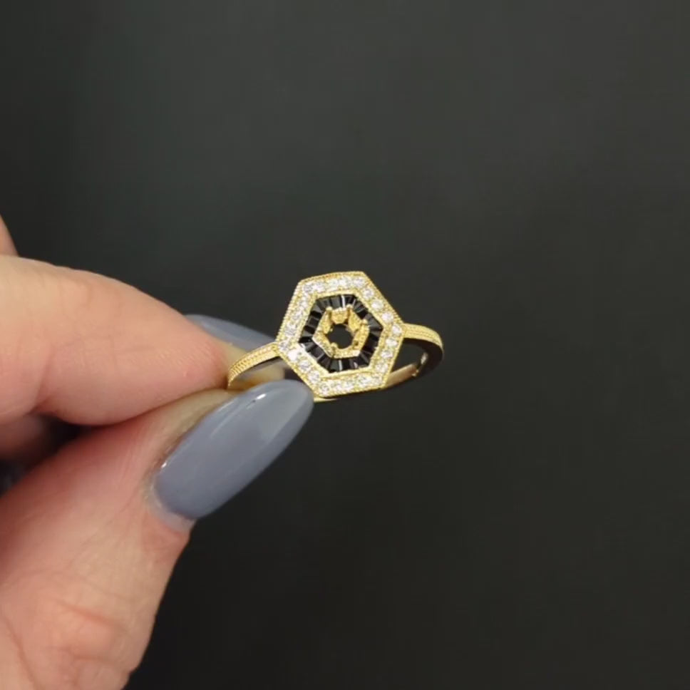 DIAMOND BLACK ONYX RING SETTING 4mm SEMI MOUNT VINTAGE STYLE ART DECO 14k GOLD