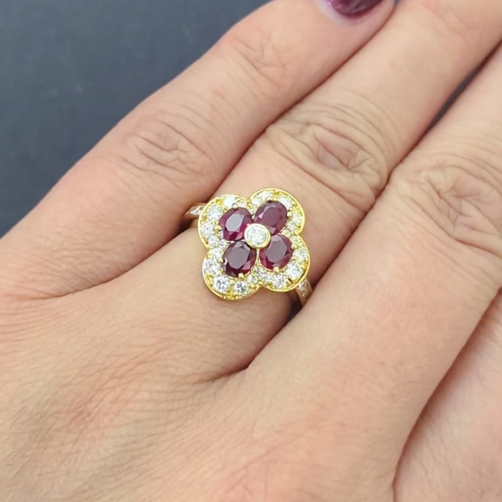 2.51ct RUBY DIAMOND COCKTAIL RING 18k YELLOW GOLD CLOVER SHAPE CLUSTER NATURAL