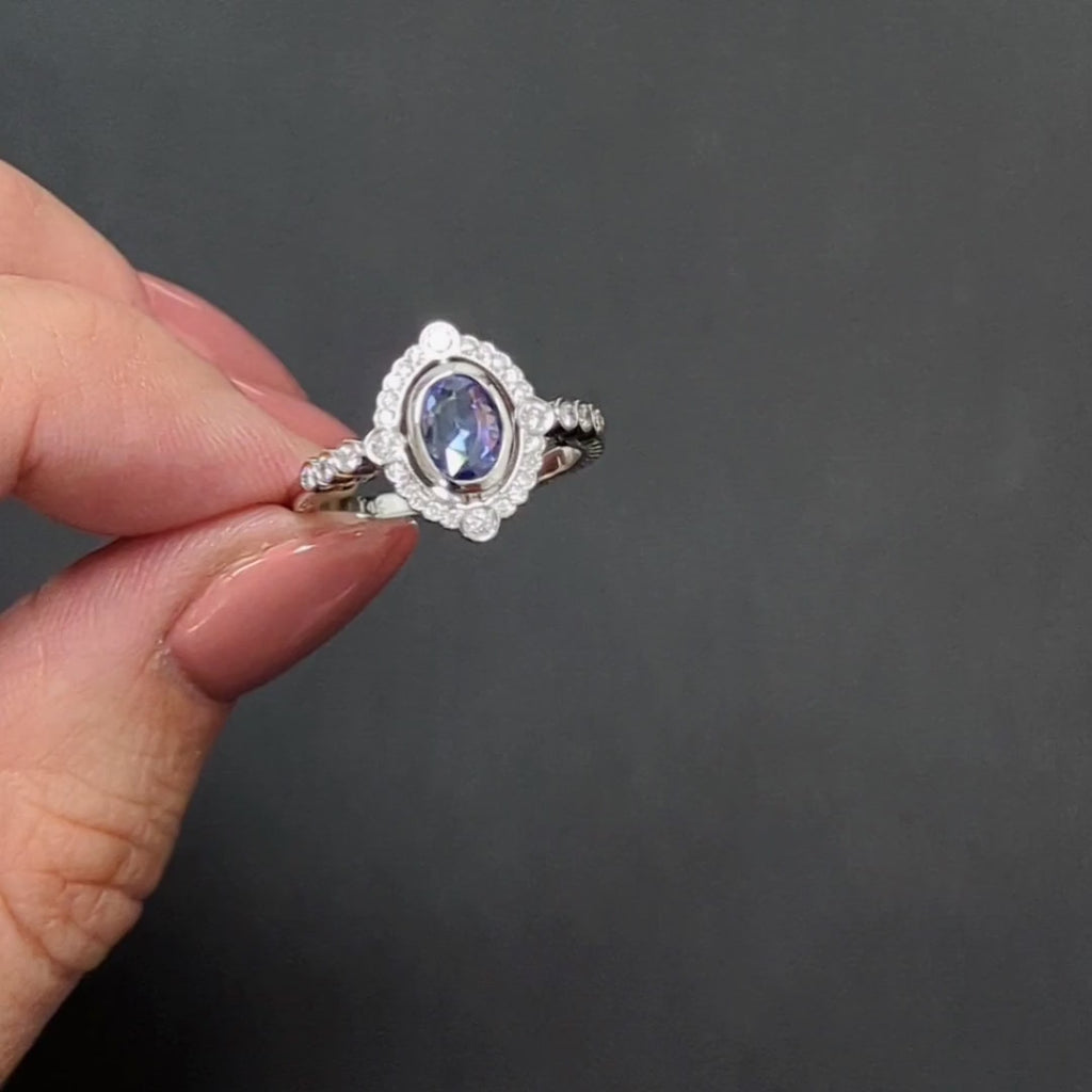 SAPPHIRE DIAMOND VINTAGE STYLE COCKTAIL RING WHITE GOLD ROSE CUT HALO NATURAL