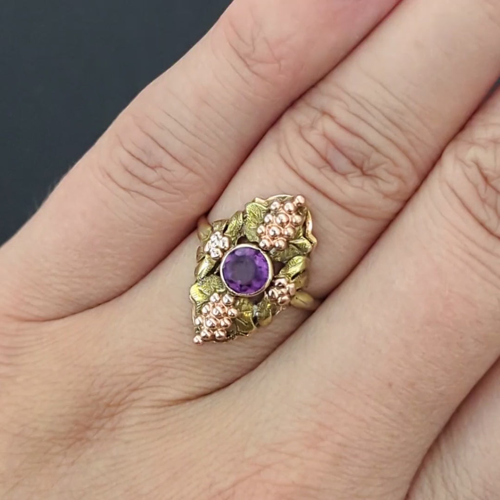 VINTAGE AMETHYST 14k TRI TONE GOLD RING GRAPE BUNCH YELLOW ROSE GREEN COCKTAIL