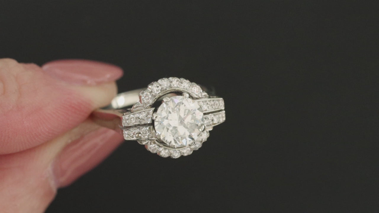 1.66ct OLD EUROPEAN CUT DIAMOND VINTAGE COCKTAIL RING 18k WHITE GOLD HALO ESTATE