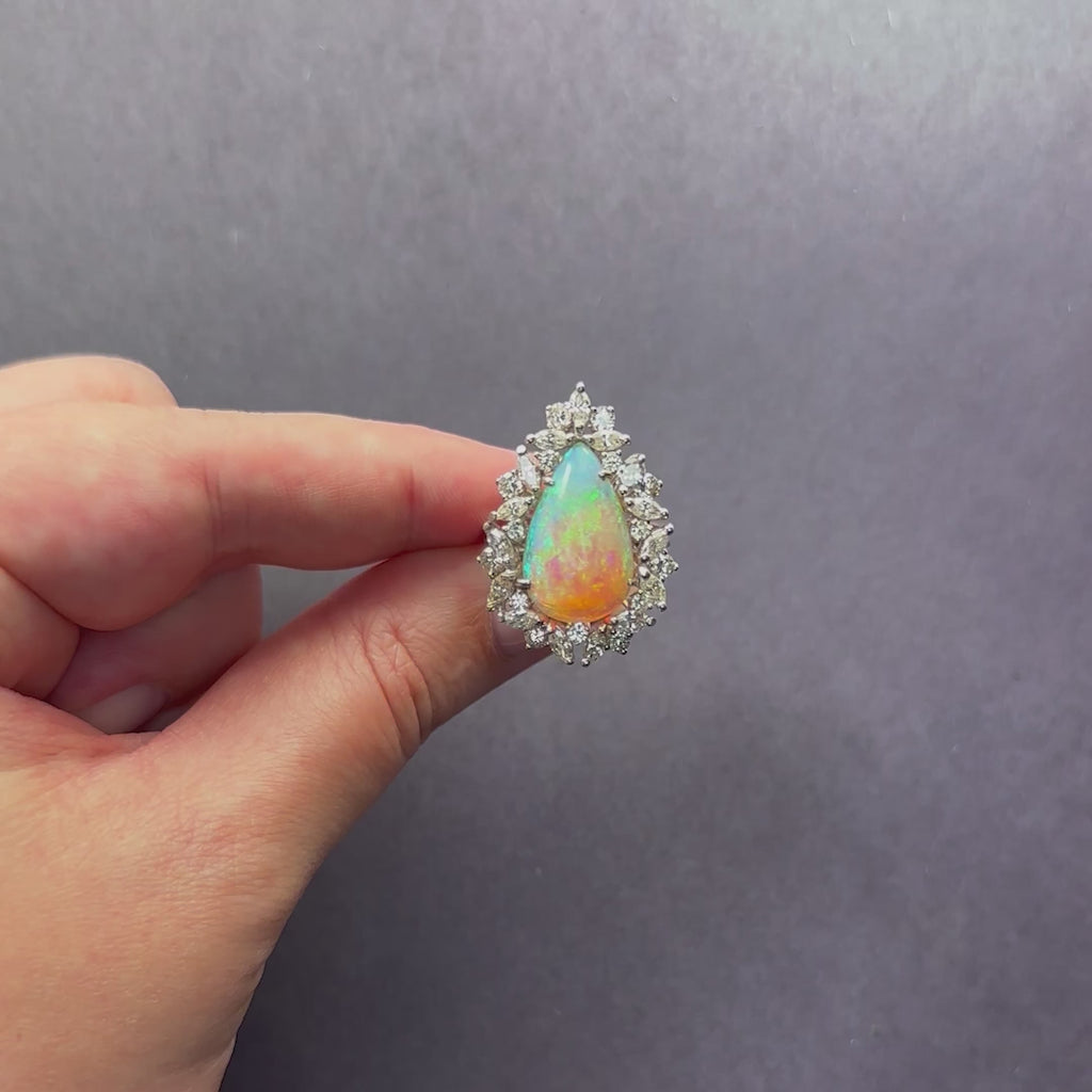OPAL DIAMOND COCKTAIL RING PEAR SHAPE HALO 18k WHITE GOLD BIG STATEMENT NATURAL