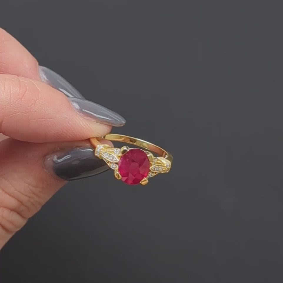 RUBY DIAMOND COCKTAIL RING VINTAGE STYLE 2.04ct 18k YELLOW GOLD OVAL ENGAGEMENT