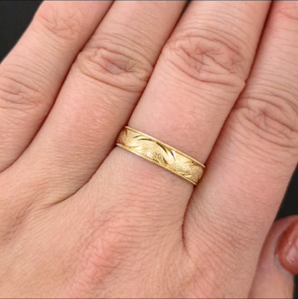 VINTAGE 14k YELLOW GOLD RING WEDDING BAND ENGRAVED BRUSH FINISH MILGRAIN ESTATE