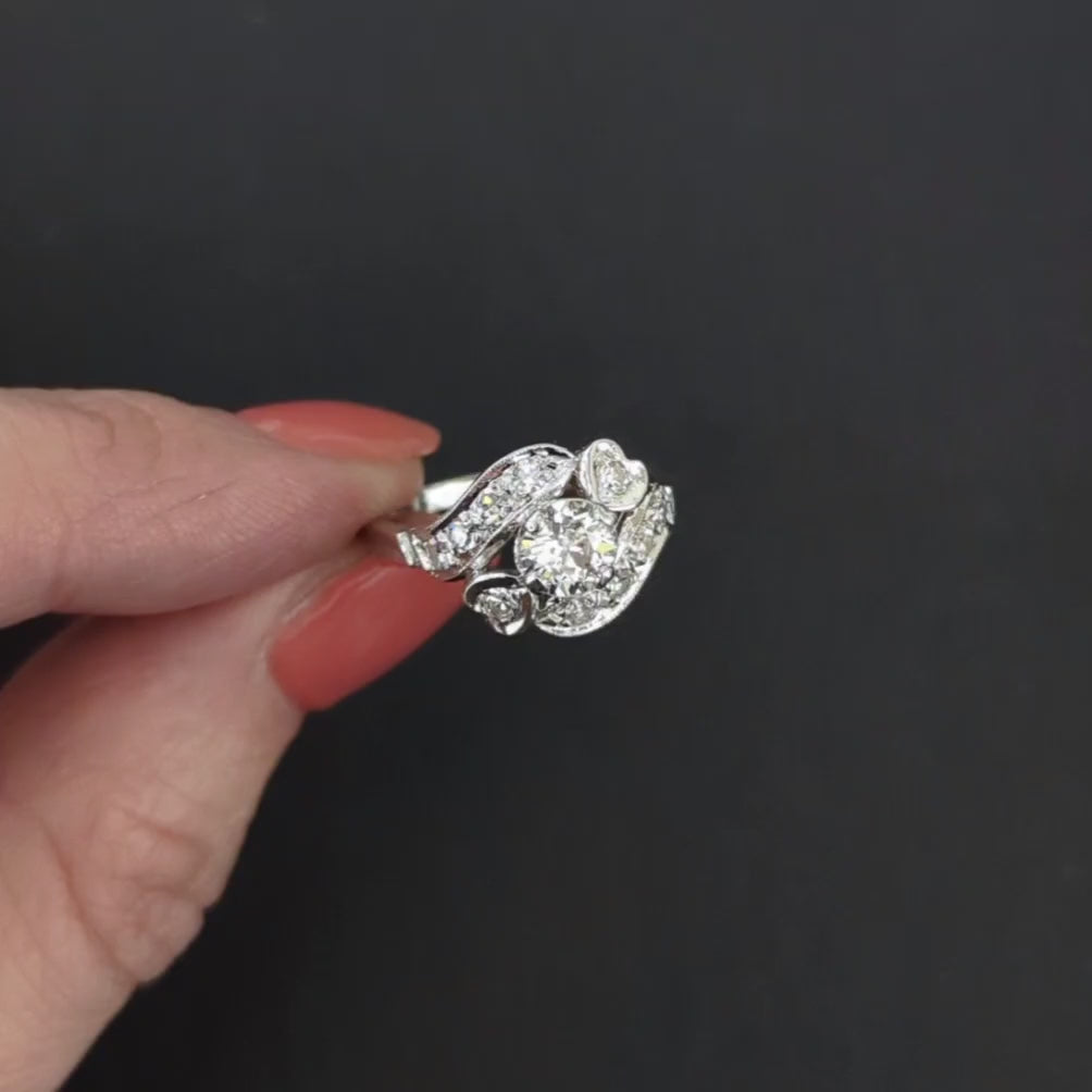 1.13c OLD EUROPEAN CUT DIAMOND COCKTAIL RING VINTAGE RETRO BYPASS 14k WHITE GOLD