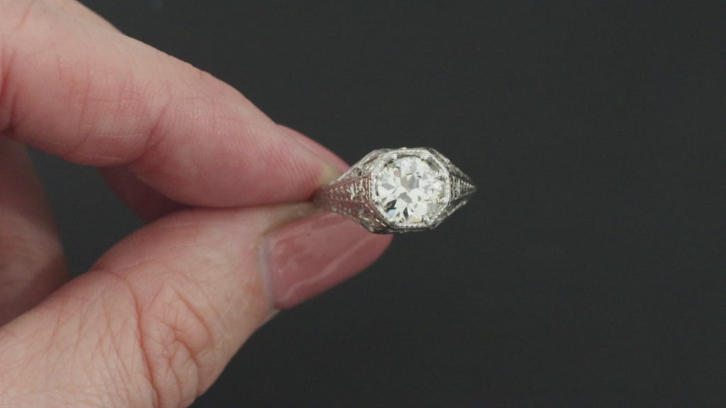 1.5ct OLD EUROPEAN CUT DIAMOND ENGAGEMENT RING PLATINUM ART DECO FLORAL ENGRAVED