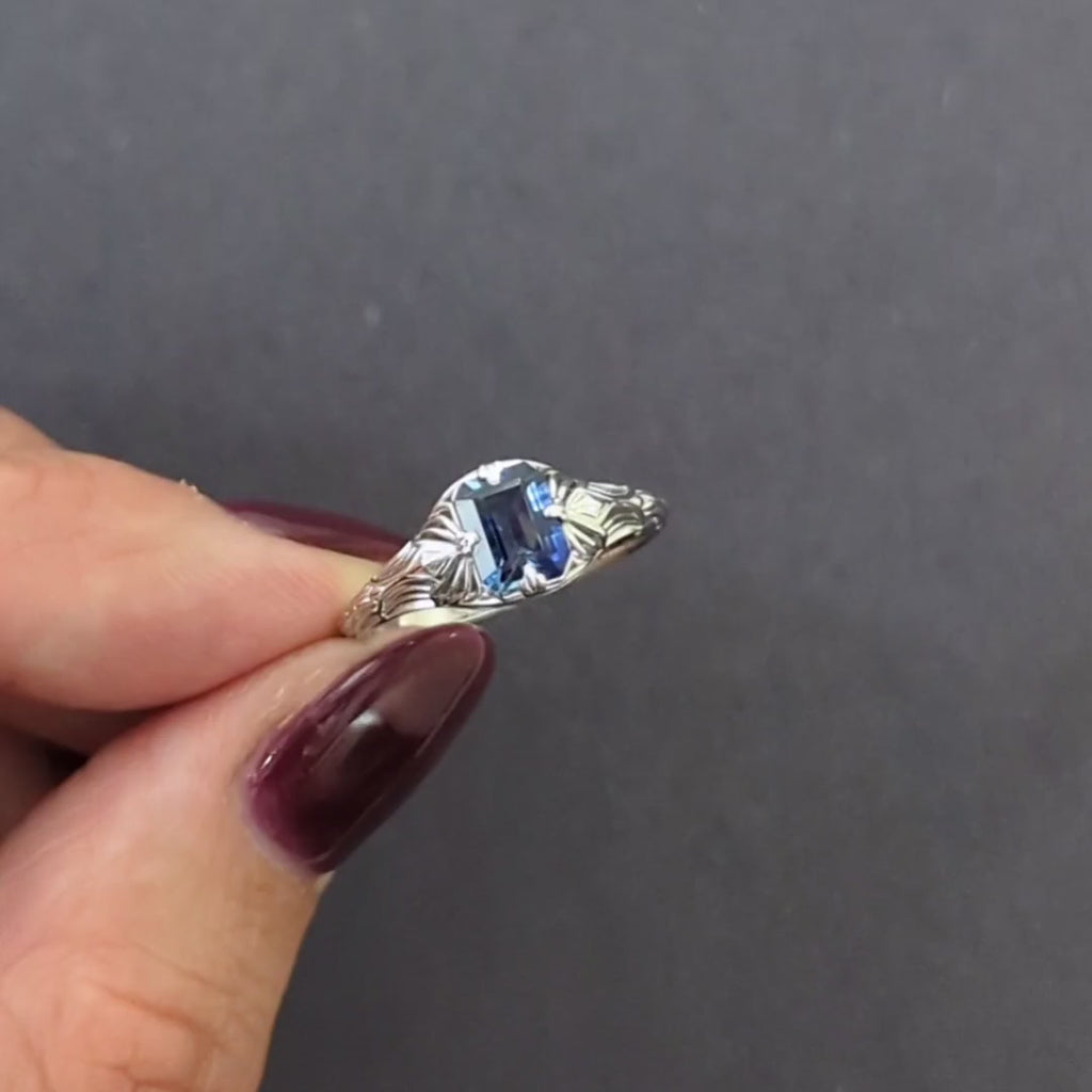 1.09ct BI COLOR SAPPHIRE SOLITAIRE RING 14k WHITE GOLD FILIGREE BLUE EMERALD CUT