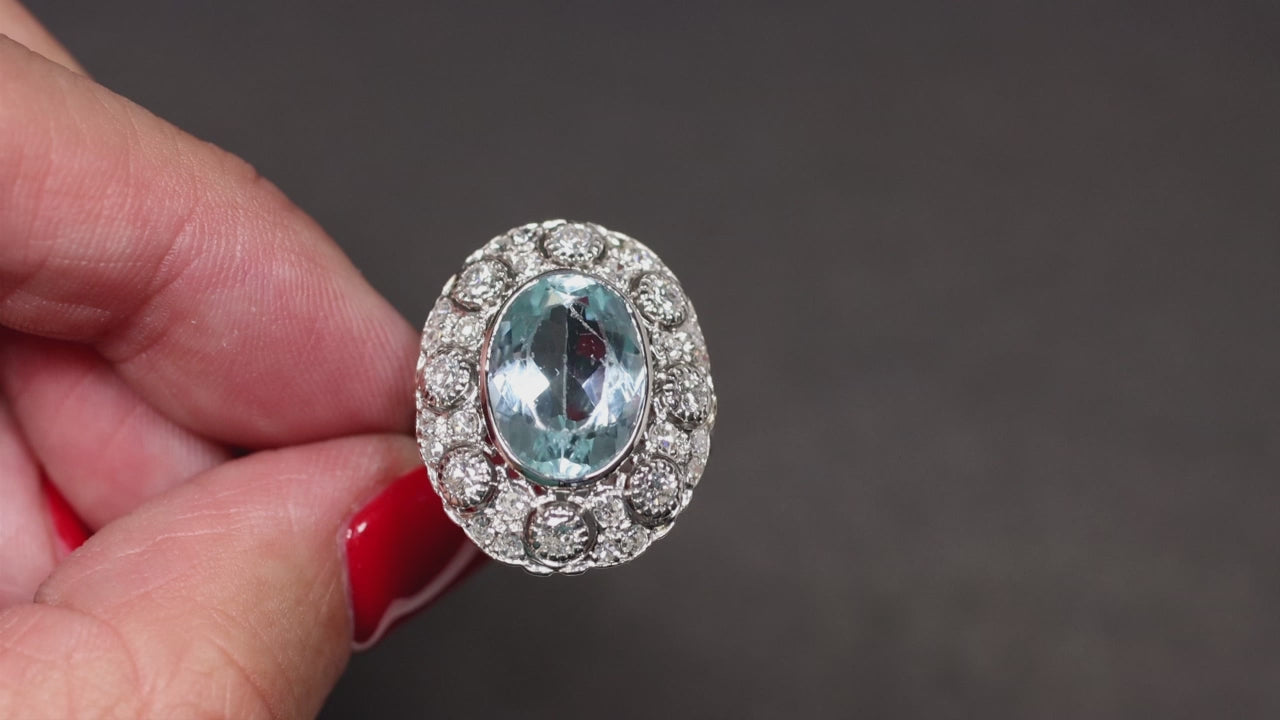 VINTAGE AQUAMARINE DIAMOND COCKTAIL RING PLATINUM OVAL HALO NATURAL HANDMADE