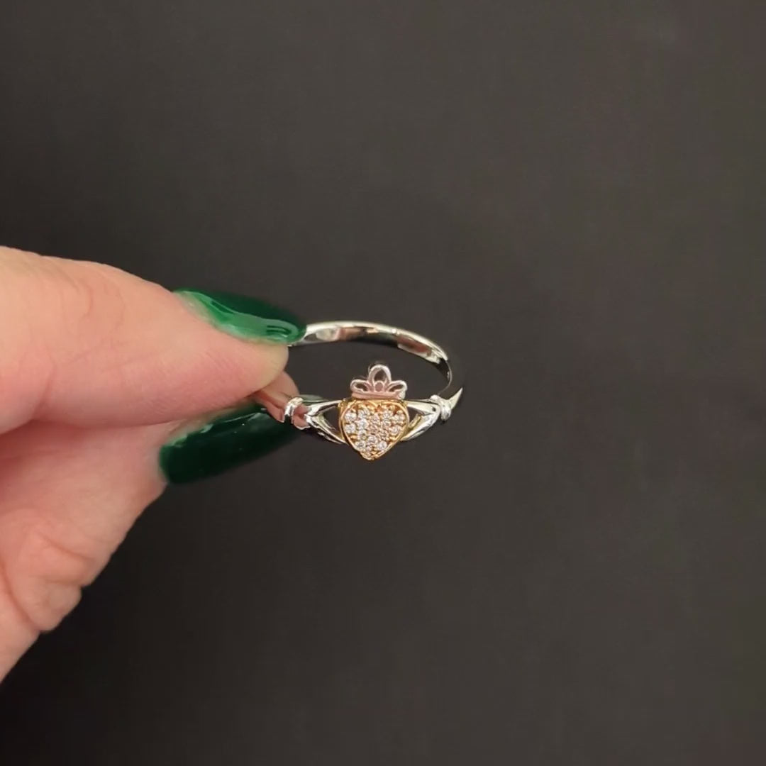 PAVE DIAMOND CLADDAGH RING PLATINUM YELLOW GOLD TRADITIONAL IRISH HEART CROWN