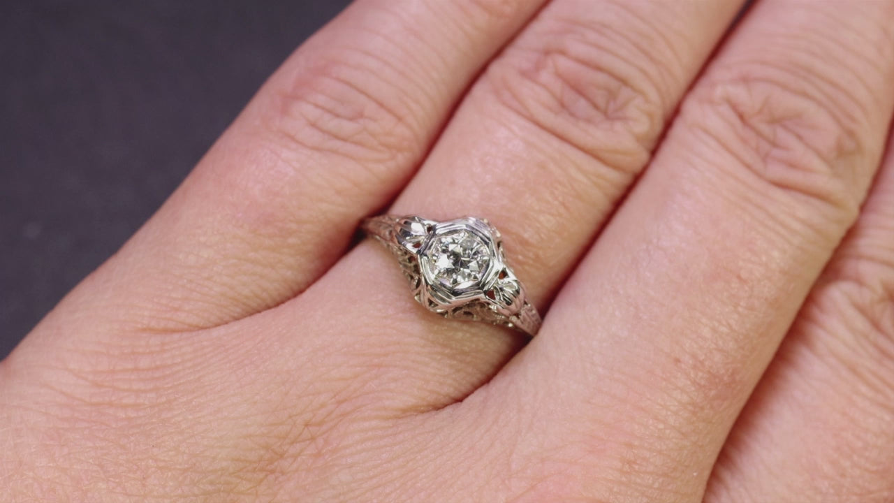 ART DECO DIAMOND SOLITAIRE ENGAGEMENT RING OLD EUROPEAN CUT 18K FILIGREE VINTAGE