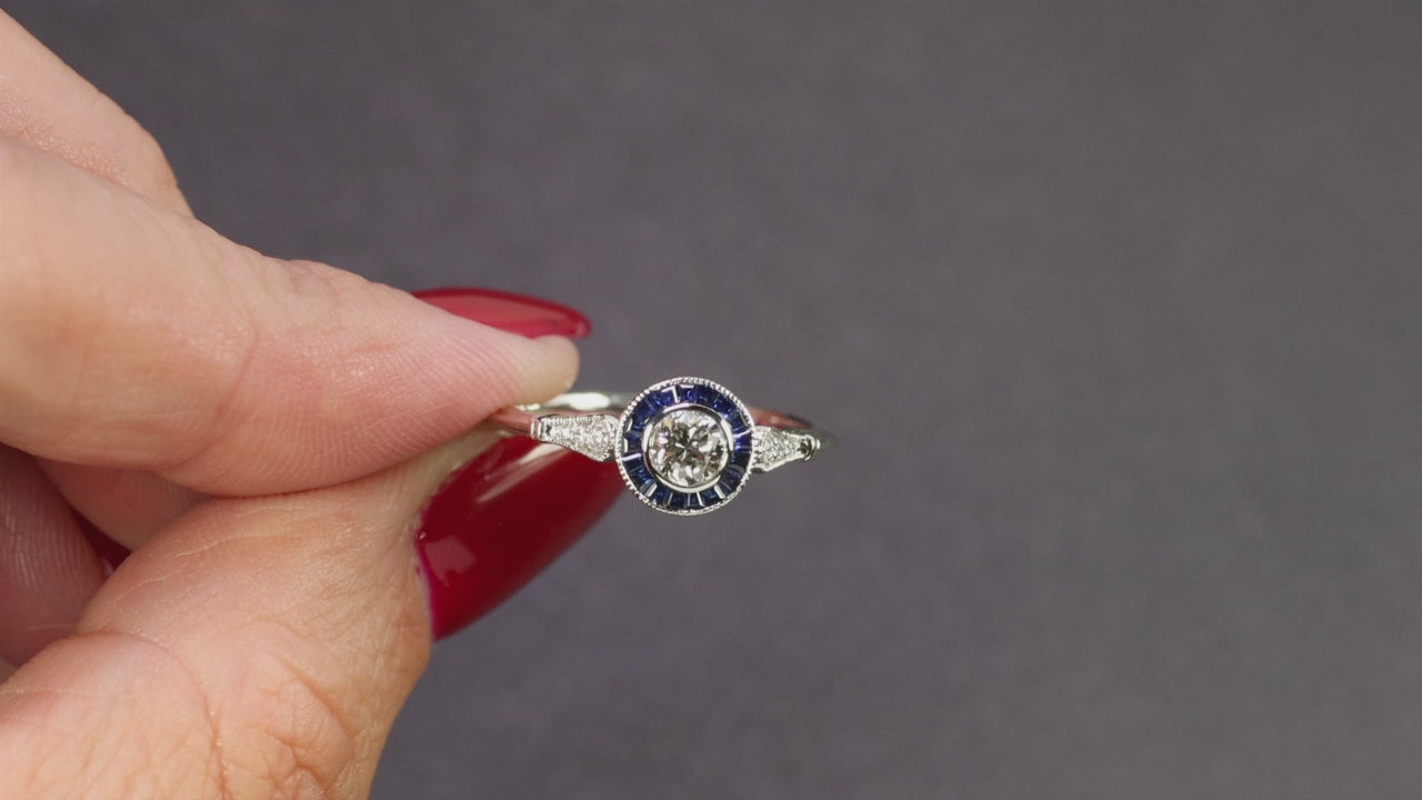 OLD EUROPEAN CUT DIAMOND SAPPHIRE ENGAGEMENT RING TARGET VINTAGE STYLE ART DECO