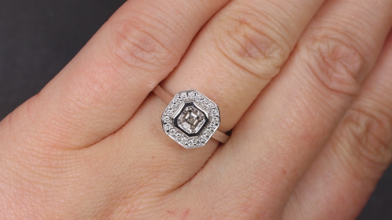 1 CARAT E-F VS1 EMERALD CUT DIAMOND ENGAGEMENT RING 18k WHITE GOLD HALO  NATURAL - 6.75