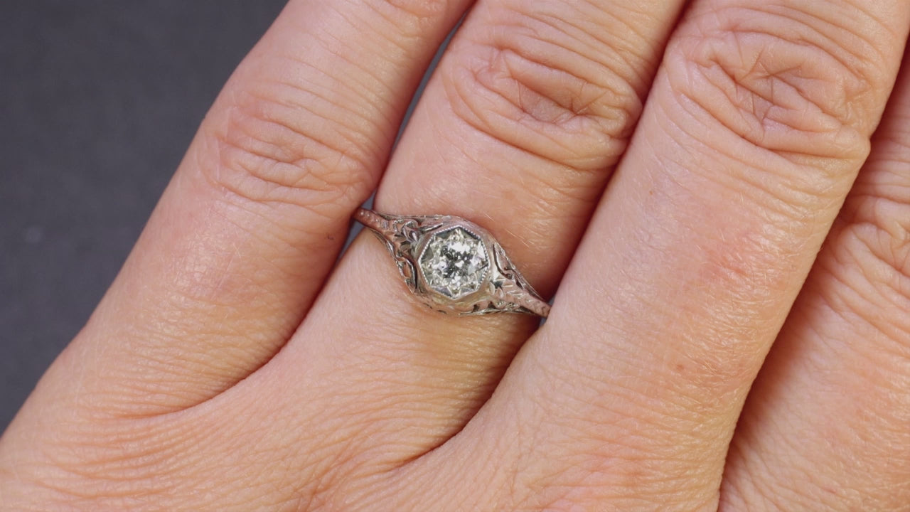 ART DECO DIAMOND SOLITAIRE ENGAGEMENT RING OLD CUT WHITE GOLD FILIGREE VINTAGE