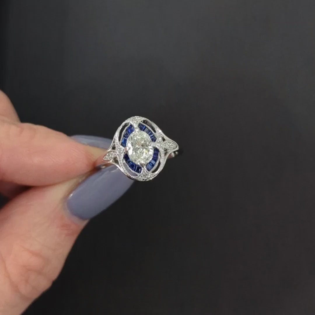 GIA CERTIFIED DIAMOND SAPPHIRE ENGAGEMENT RING ART DECO VINTAGE STYLE OVAL HALO