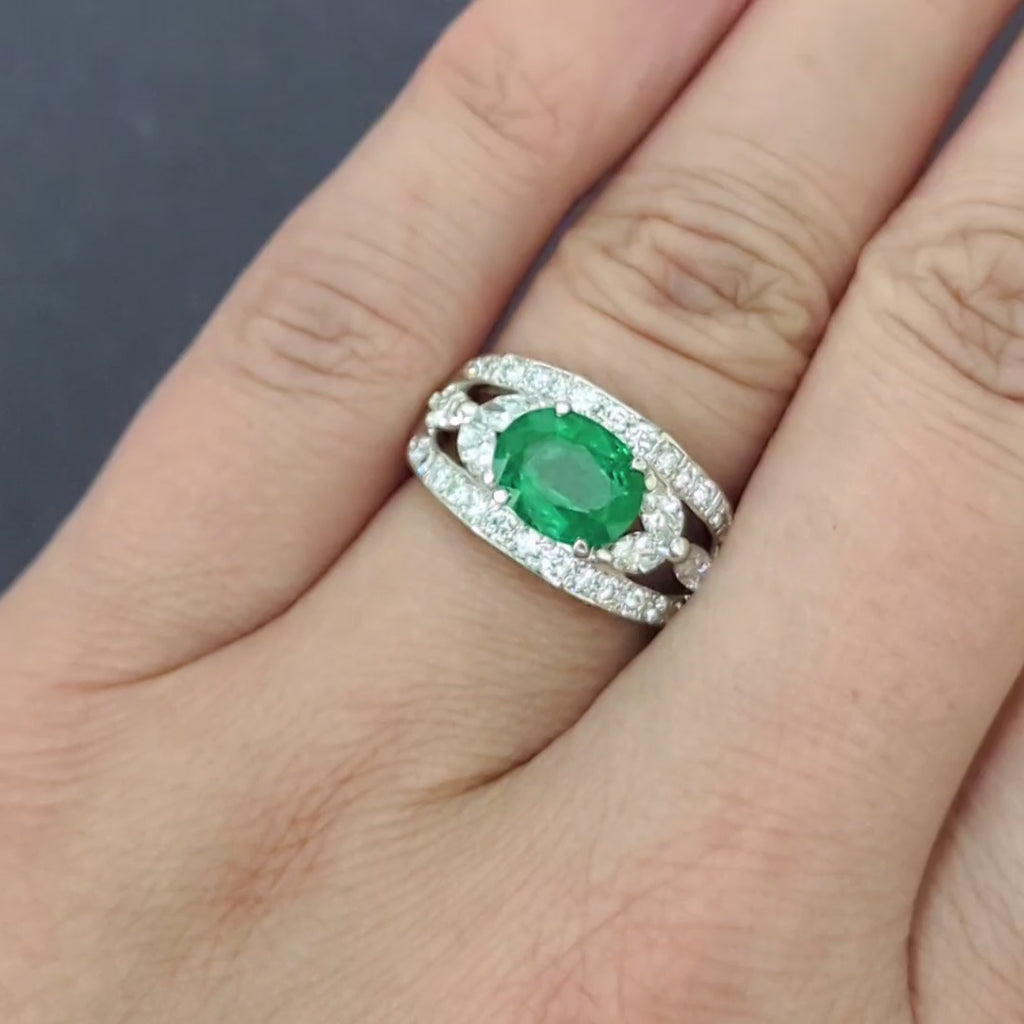 3.20ct EMERALD DIAMOND COCKTAIL RING PLATINUM GIA CERTIFIED EAST WEST WIDE OVAL