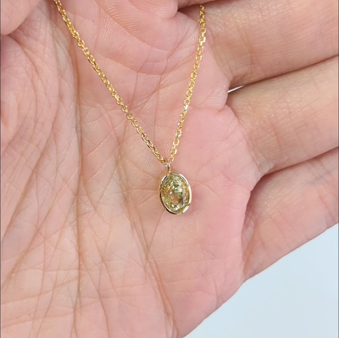 YELLOW SAPPHIRE PENDANT NECKLACE OVAL SHAPE BEZEL SET 14K GOLD NATURAL 1.10ct