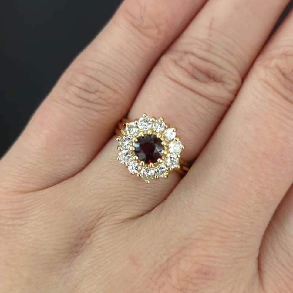 GARNET DIAMOND COCKTAIL RING 14k YELLOW GOLD HALO CLUSTER RED ROUND CUT NATURAL