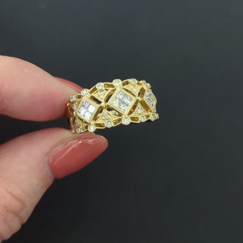 NATURAL DIAMOND COCKTAIL RING WIDE BAND 7.4 gram 14k YELLOW GOLD CLUSTER ESTATE