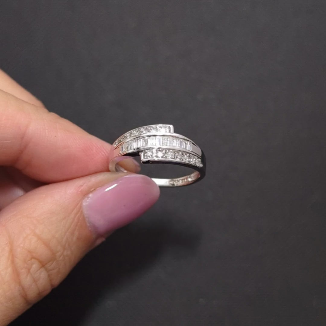 1/2ct DIAMOND COCKTAIL BAND BYPASS 3 ROW RING NATURAL WHITE GOLD BAGUETTE ROUND