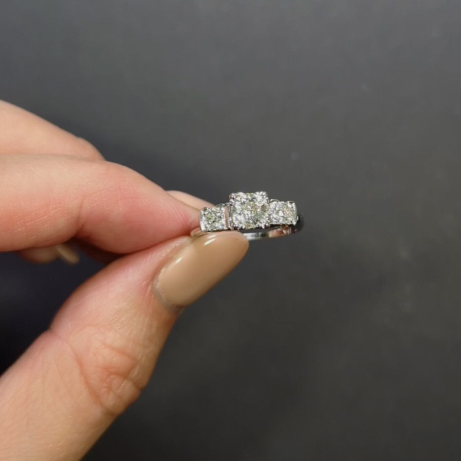 VINTAGE DIAMOND ENGAGEMENT RING 1.02ct OLD EUROPEAN CUT 3 STONE WHITE GOLD 1ct