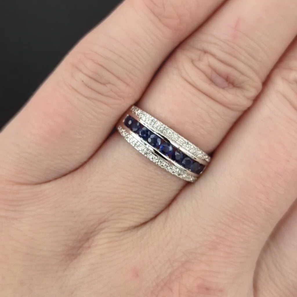 DIAMOND SAPPHIRE WEDDING BAND STACKING RING 14k WHITE GOLD NATURAL BLUE CHANNEL