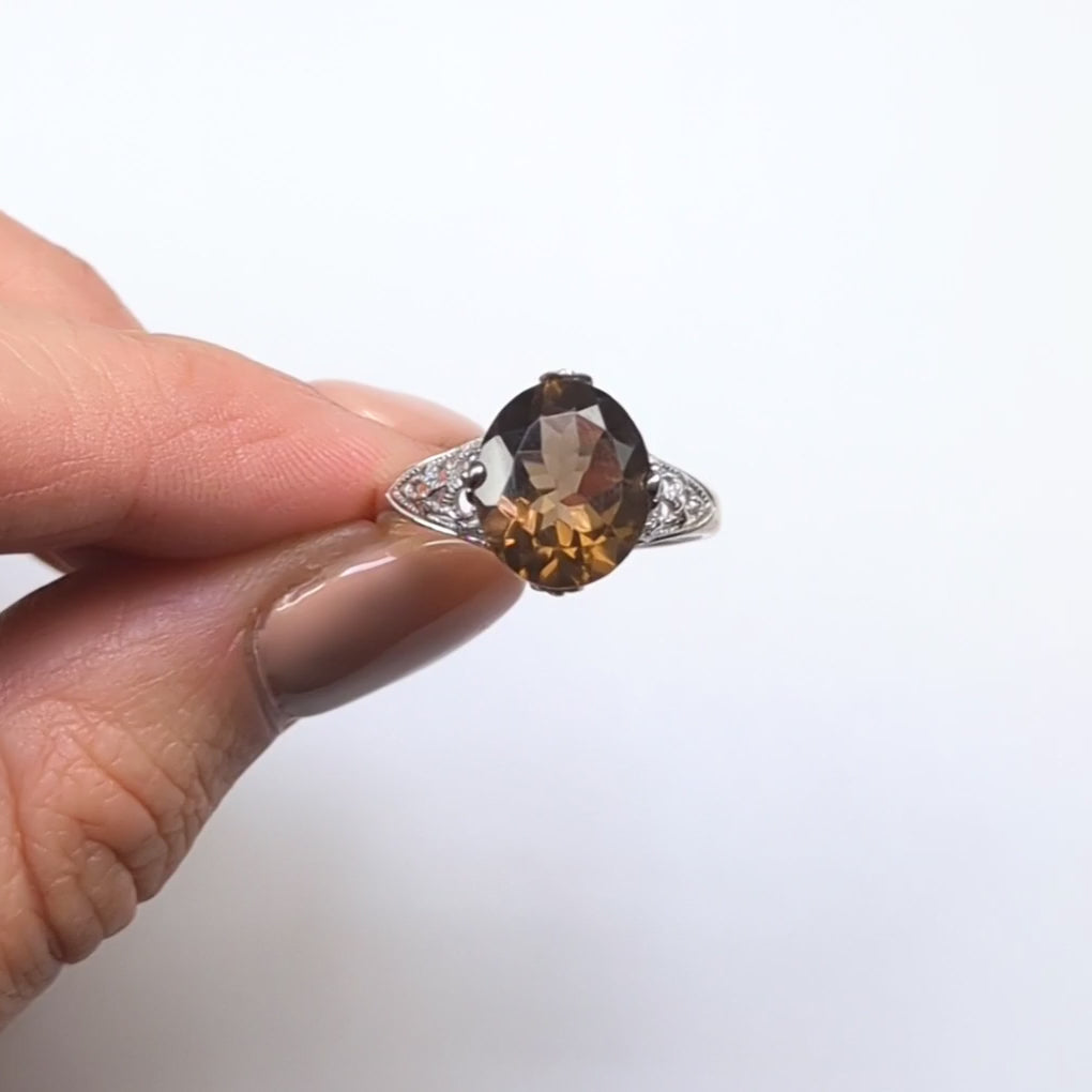 SMOKY QUARTZ VINTAGE STYLE COCKTAIL RING STERLING SILVER FILIGREE ART DECO OVAL