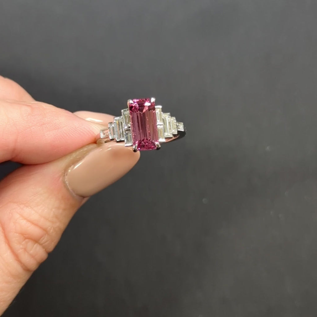 PINK SPINEL DIAMOND COCKTAIL RING NATURAL ART DECO STYLE WHITE GOLD EMERALD CUT