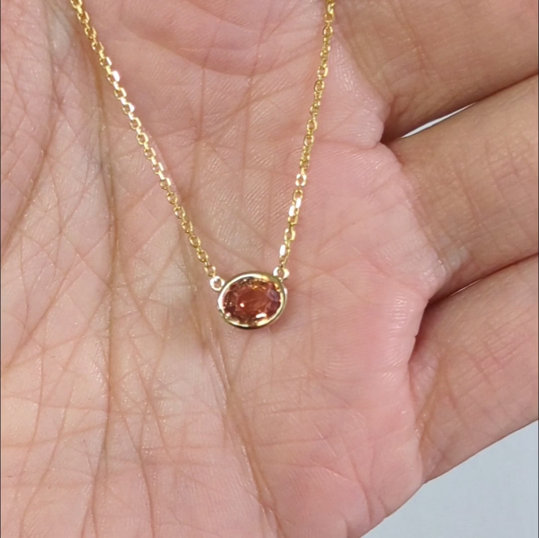 ORANGE SAPPHIRE PENDANT NECKLACE OVAL EAST WEST BEZEL 14K YELLOW GOLD NATURAL