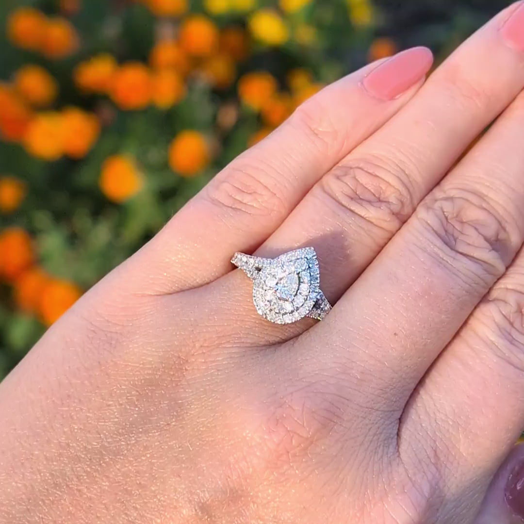 NATURAL DIAMOND RING PEAR SHAPE DOUBLE HALO ILLUSION 14k WHITE GOLD ENGAGEMENT