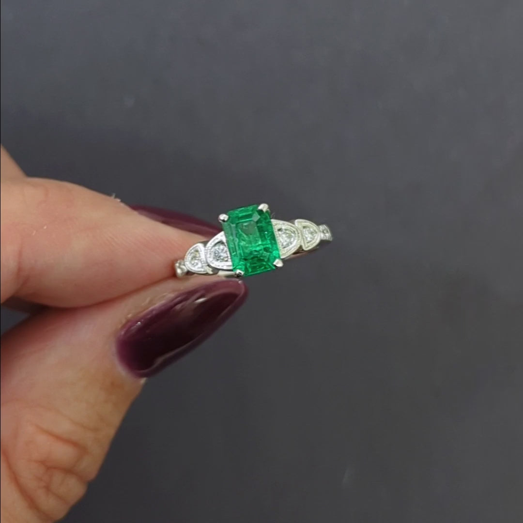 1.12ct EMERALD DIAMOND COCKTAIL RING WHITE GOLD VINTAGE STYLE NATURAL ART DECO