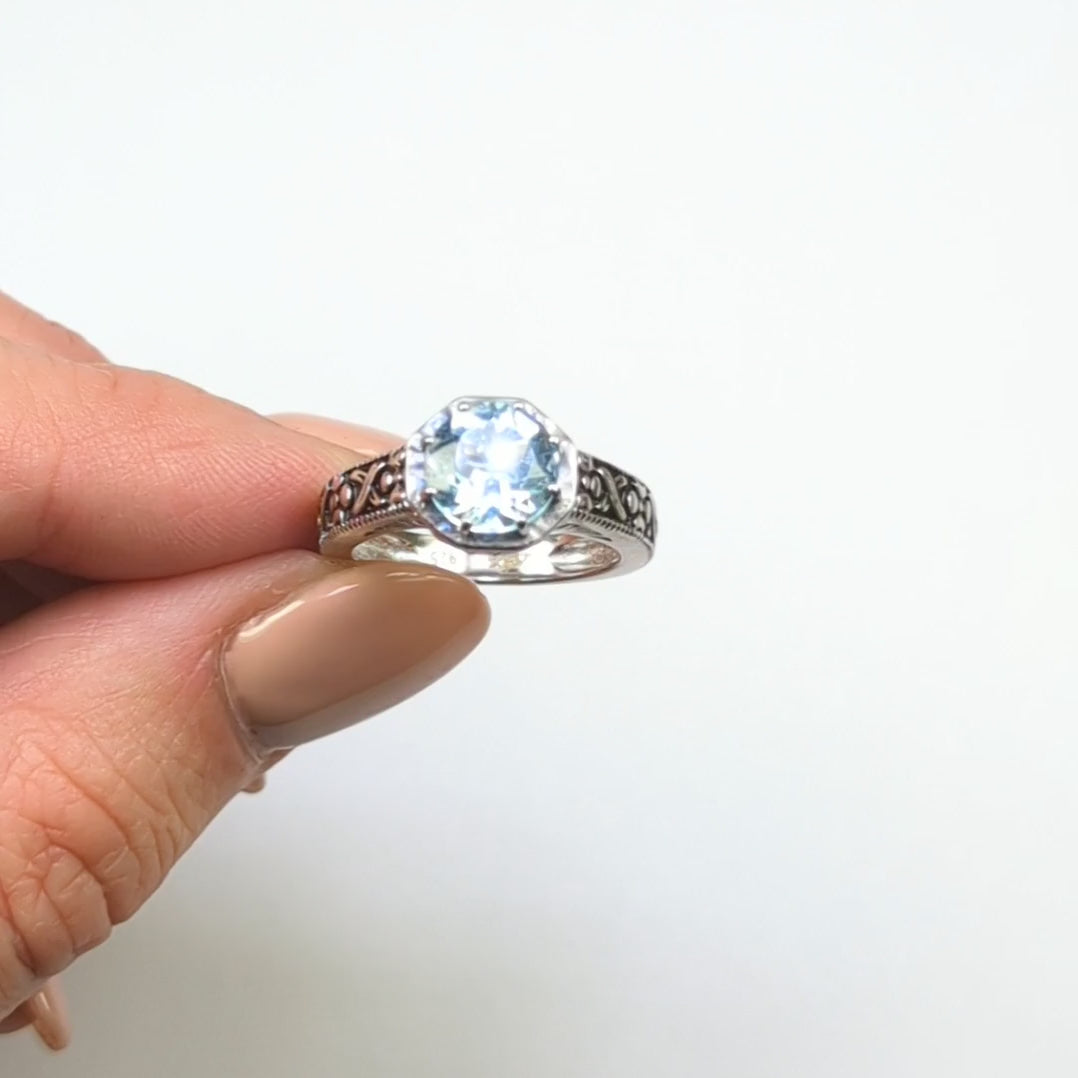SWISS BLUE TOPAZ STERLING SILVER RING VINTAGE STYLE ROUND CUT ART DECO GEMSTONE