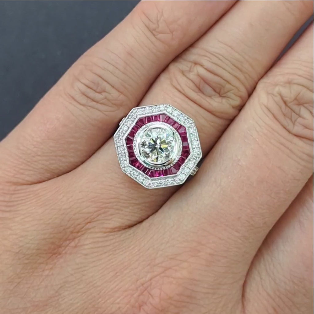 1.5ct DIAMOND RUBY COCKTAIL RING CERTIFIED VINTAGE STYLE HALO WHITE GOLD ROUND