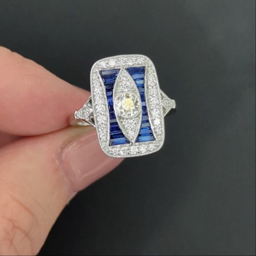 SAPPHIRE OLD CUT DIAMOND VINTAGE STYLE COCKTAIL RING ART DECO 14k WHITE GOLD