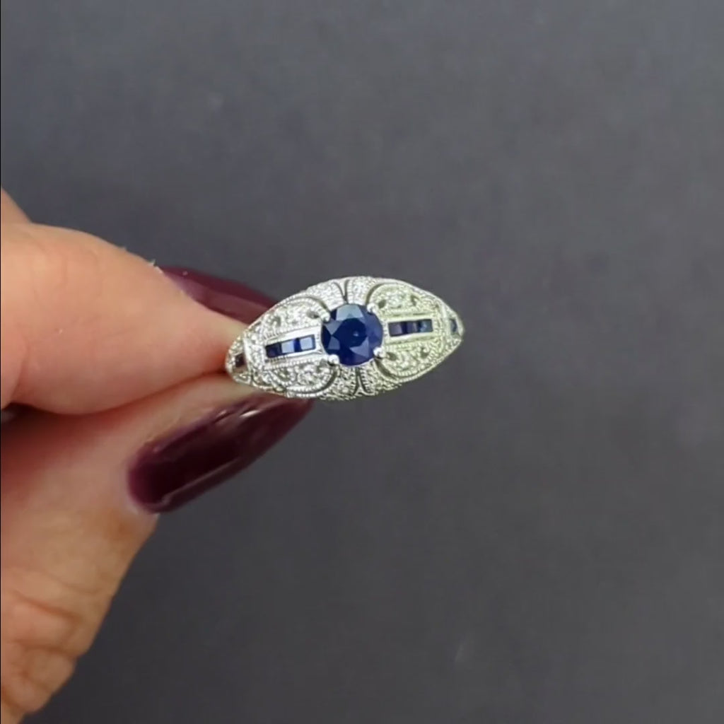 VINTAGE STYLE SAPPHIRE DIAMOND COCKTAIL RING 14k WHITE GOLD ART DECO DOME BLUE